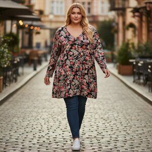 Belaroi Women Tunic Top 3X Black Stretchy Casual Dark Floral Tropical Whimsigoth